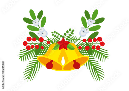 Christmas garland with bells and plant branches, flowers and berries.