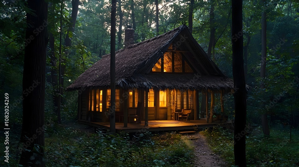 Forest Yoga Cabin with Rustic Thatched Roof Surrounded by Dense Trees Forest Yoga Cabin with Rustic Thatched Roof Surrounded by Dense Trees