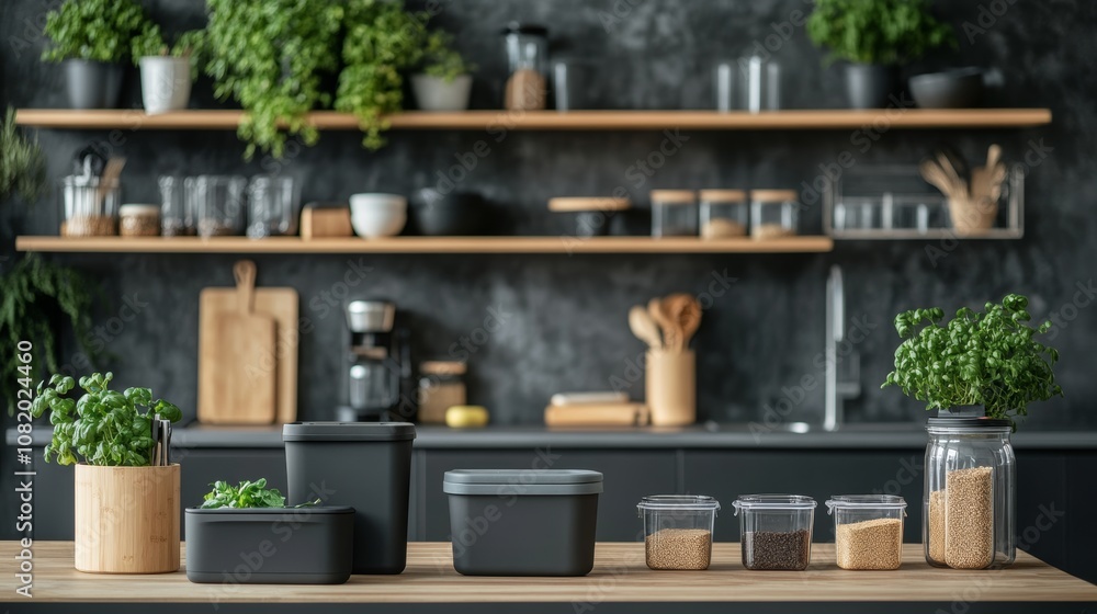 A sustainable lifestyle setup with eco-friendly products, reusable containers, and natural decor in a modern kitchen, emphasizing a commitment to sustainability and the environment A sustainable lifestyle setup with eco-friendly products, reusable containers, and natural decor in a modern kitchen, emphasizing a commitment to sustainability and the environment
