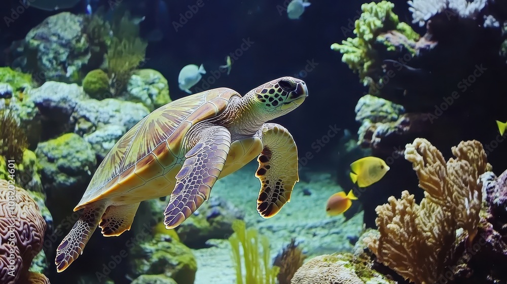 Obraz premium A turtle swimming peacefully in a coral reef, surrounded by small fish and aquatic plants.