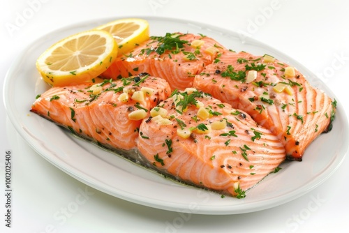 Fresh salmon fillet served with a squeeze of lemon on a crisp white plate, great for food or table setting images