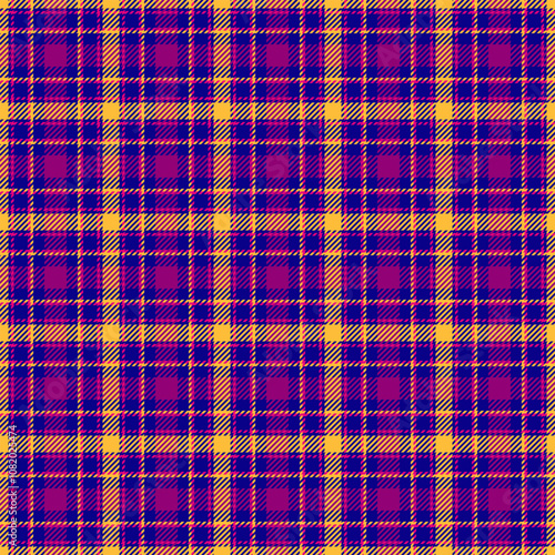 Regular plaid background fabric, panel pattern textile check. Selection texture seamless vector tartan in indigo and amber colors.