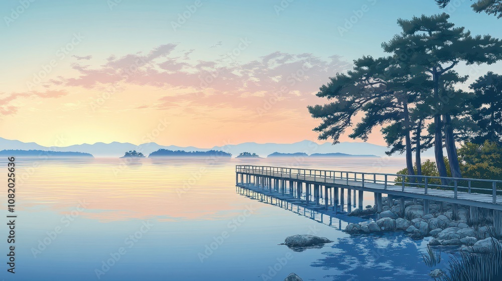 Tranquil dock extending into misty waters pastel sky hues and pine trees Tranquil dock extending into misty waters pastel sky hues and pine trees