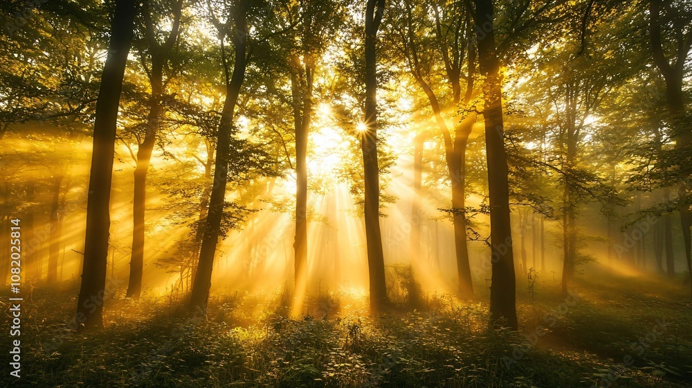 Obraz premium Experience the enchantment of a misty forest at dawn as sunlight breaks through the fog