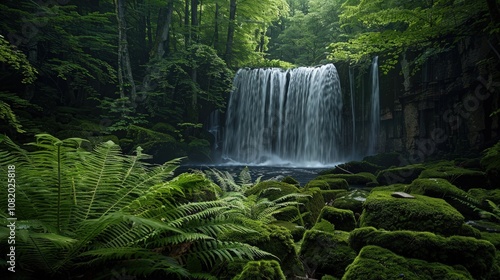 Serene Waterfall in a Lush Green Forest