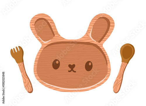 Kids tableware wooden plate with fork and spoon