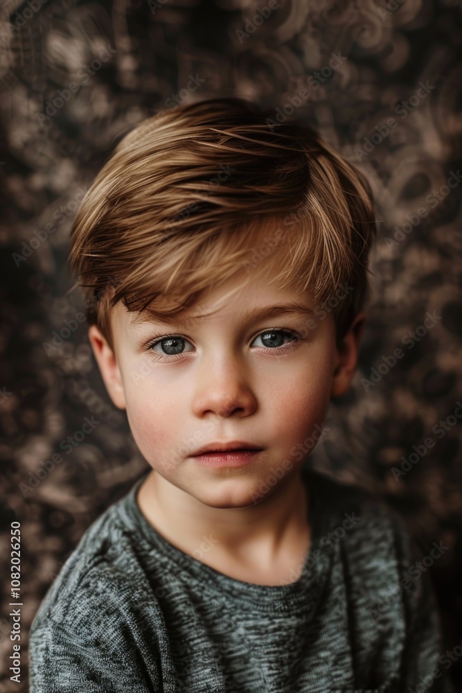 A young boy with bright blue eyes wearing a gray shirt, ideal for use in family or educational settings A young boy with bright blue eyes wearing a gray shirt, ideal for use in family or educational settings