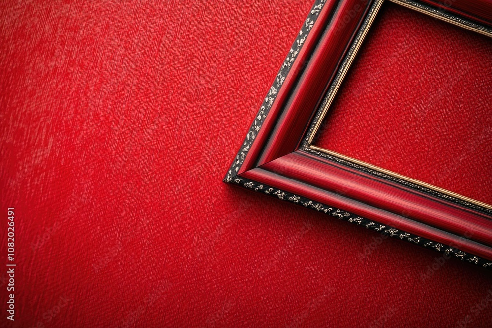 Fototapeta premium A bright red wall features a decorative picture frame in the center
