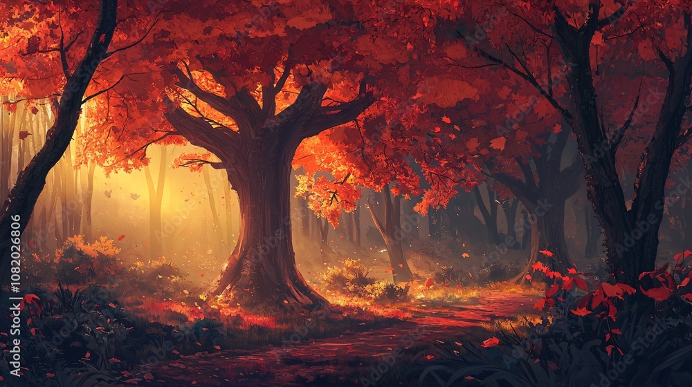 Explore the enchanting beauty of a remote forest filled with towering trees and vibrant red leaves in autumn light Explore the enchanting beauty of a remote forest filled with towering trees and vibrant red leaves in autumn light
