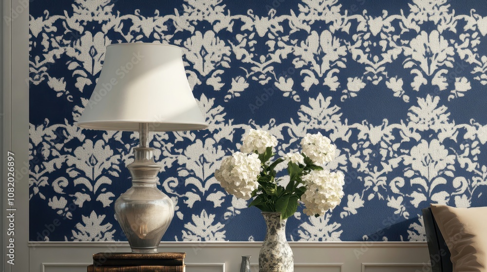Navy and white damask crisp florals create a fresh sophisticated look Navy and white damask crisp florals create a fresh sophisticated look