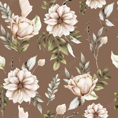beautiful seamless pattern autumn flower and leaves watercolor