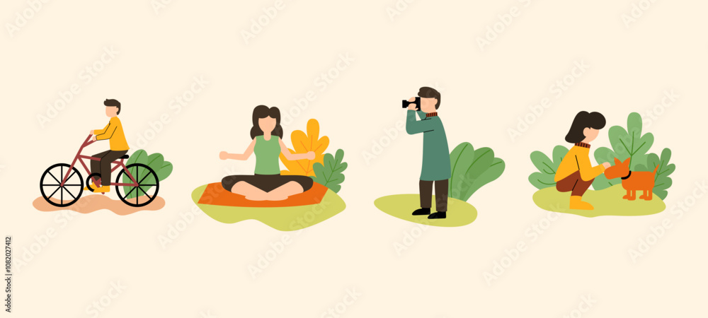 Fototapeta premium Set of daily life scenes. Flat cartoon character illustration