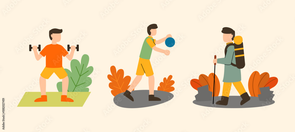 Fototapeta premium Set of daily life scenes. Flat cartoon character illustration