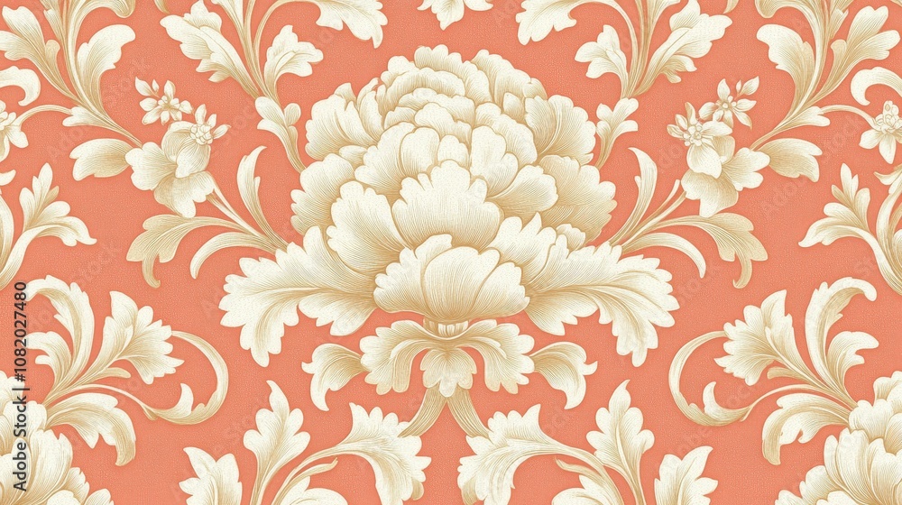 Muted coral damask gold florals add warmth and soft elegant detail Muted coral damask gold florals add warmth and soft elegant detail