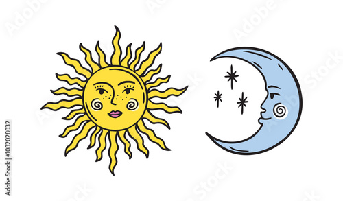 Moon and sun faces, set of beautiful mystical cartoon doodle elements, yellow sunshine and blue crescent cosmic symbols. Sun and moon whimsical boho style