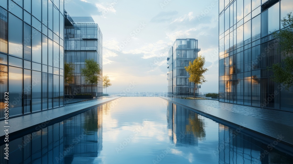 Sophisticated infinity pool design in a modern apartment complex, reflecting surrounding glass buildings. Sophisticated infinity pool design in a modern apartment complex, reflecting surrounding glass buildings.