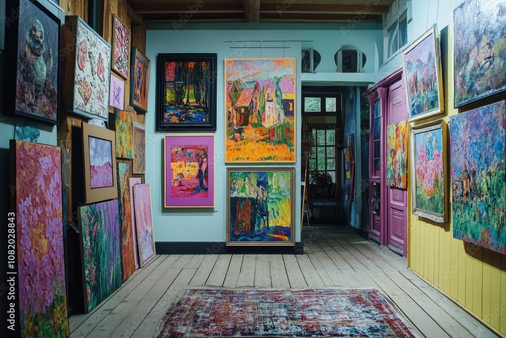 A cozy room filled with vibrant and eclectic paintings