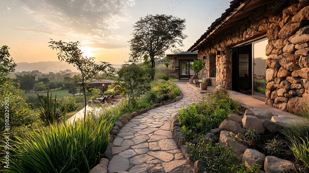 Obraz premium Stone-Walled Rustic Lodge with Garden Pathway and Lush Landscape