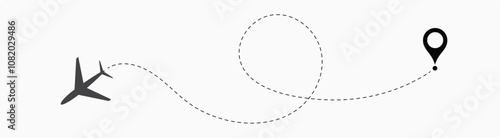 air plane reach in the destination. air plane route. airplane location. destination. reach. landing. dotted line.