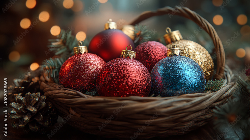 Charming Christmas Illustrations with Featuring A Close-Up Of Christmas Ornaments In A Basket On A Wooden Table Charming Christmas Illustrations with Featuring A Close-Up Of Christmas Ornaments In A Basket On A Wooden Table