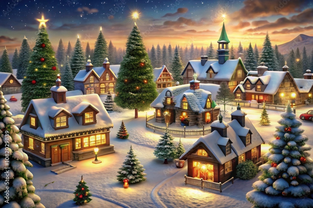 a christmas card with a christmas tree and a house with lights a christmas card with a christmas tree and a house with lights