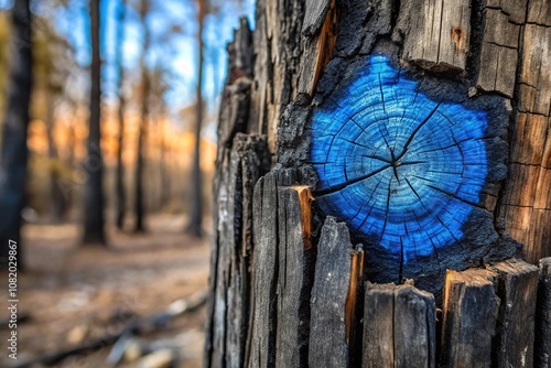 Closeup of charred tree with blue paint photo