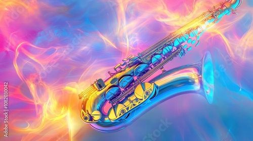 Colorful saxophone shapes dissolve into waves on a smooth wallpaper