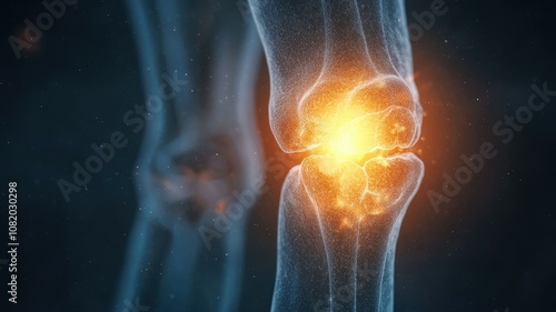 Joint pain concept. A digital visualization of a knee joint, highlighting an impact area with vibrant energy, representing pain or injury in the human body.