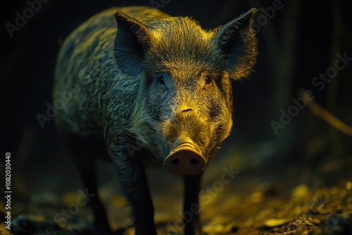 A wild boar stands in a dense and dark forest, surrounded by trees and foliage photo