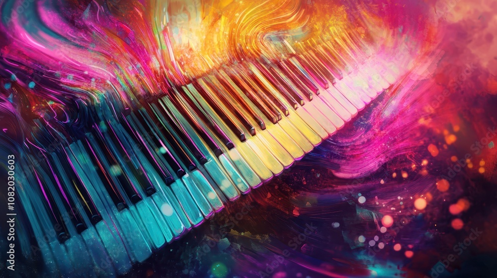 Bright keys dissolve into waves with soft textures on a vibrant background Bright keys dissolve into waves with soft textures on a vibrant background
