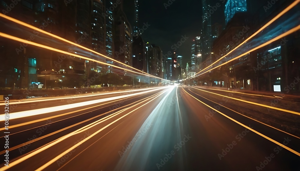 Speed traffic, light trails on freeway at night, long exposure abstract urban background. Toronto West highway 427 southbound. High travel speed effect, Speed traffic, light trails on freeway at night, long exposure abstract urban background. Toronto West highway 427 southbound. High travel speed effect,