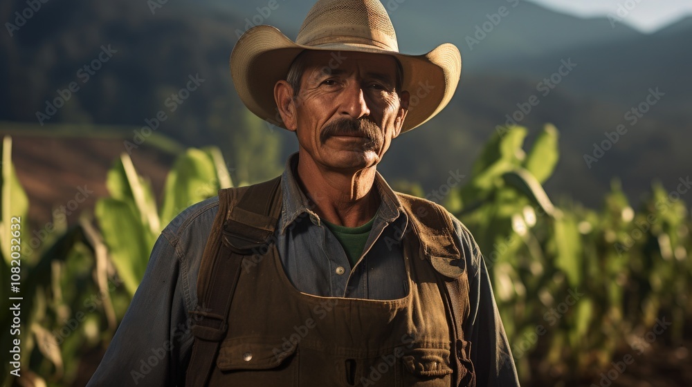 Latino Farmer in Cinematic Style Working in Field with 1.8 Aperture - Stock Photo Latino Farmer in Cinematic Style Working in Field with 1.8 Aperture - Stock Photo
