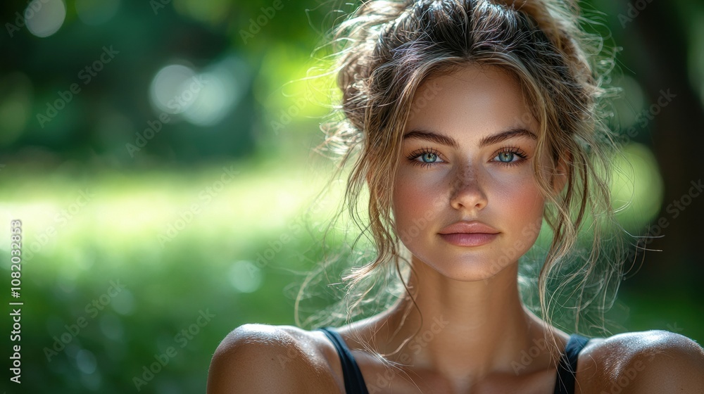 Portrait of a Young Woman with Natural Beauty and Luminous Skin, Outdoors in a Soft Focus Environment Surrounded by Blurred Greenery and Warm Light Portrait of a Young Woman with Natural Beauty and Luminous Skin, Outdoors in a Soft Focus Environment Surrounded by Blurred Greenery and Warm Light