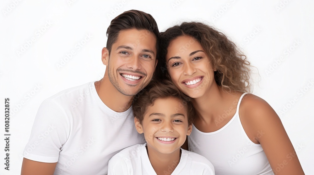 Happy Latino family portrait on a white background, shot with f/1.8 aperture. Happy Latino family portrait on a white background, shot with f/1.8 aperture.