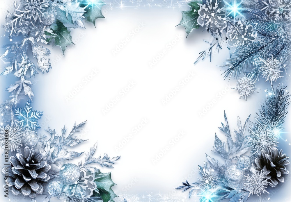 Winter Wonderland Background with Snowflakes, Pinecones, and Frosty Leaves for Holiday Greetings and Seasonal Decor Winter Wonderland Background with Snowflakes, Pinecones, and Frosty Leaves for Holiday Greetings and Seasonal Decor