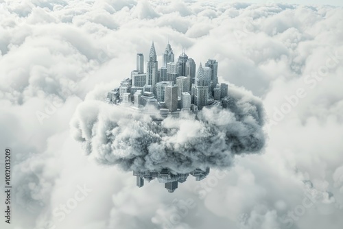 A city surrounded by clouds in the sky