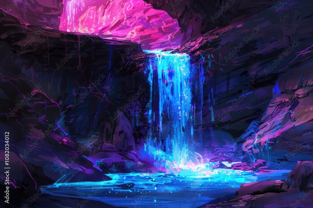 Abstract Neon Waterfall Cascading Through a Cave Abstract Neon Waterfall Cascading Through a Cave