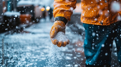 A dedicated city worker, wearing gloves, is spreading salt on a slippery icy sidewalk, enhancing pedestrian safety and preventing dangerous slips and falls during harsh winter conditions