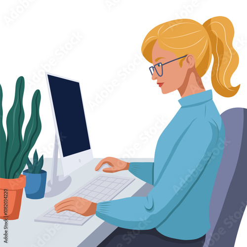 Vector clip art illustration woman studying at computer in modern flat style. Woman programmer.