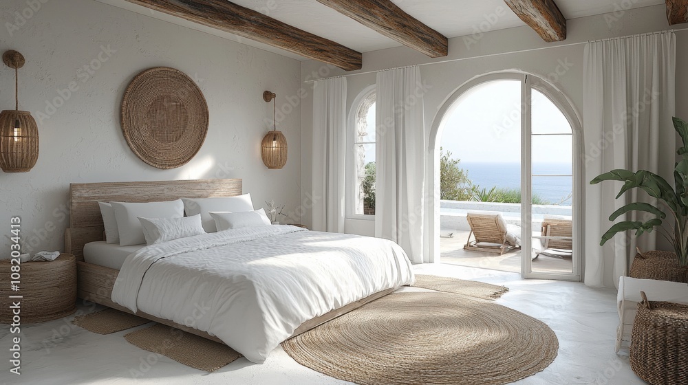 Serene Coastal Bedroom with Natural Light, Warm Textures, and Simple Elegance Overlooking Tranquil Ocean Views in a Contemporary Design Aesthetic Serene Coastal Bedroom with Natural Light, Warm Textures, and Simple Elegance Overlooking Tranquil Ocean Views in a Contemporary Design Aesthetic
