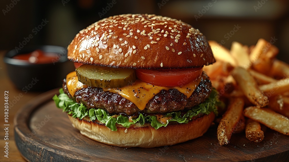 Classic cheeseburger with a sesame seed bun, melted cheddar, lettuce, tomato, and pickles, served with crispy fries on a wooden plate Classic cheeseburger with a sesame seed bun, melted cheddar, lettuce, tomato, and pickles, served with crispy fries on a wooden plate