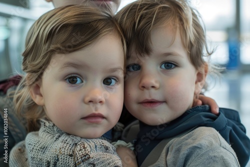 Two young children with bright blue eyes in a close-up shot