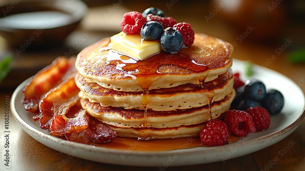 Recipe of a stack of fluffy pancakes topped with butter and maple syrup, served with a side of crispy bacon and fresh berries Recipe of a stack of fluffy pancakes topped with butter and maple syrup, served with a side of crispy bacon and fresh berries