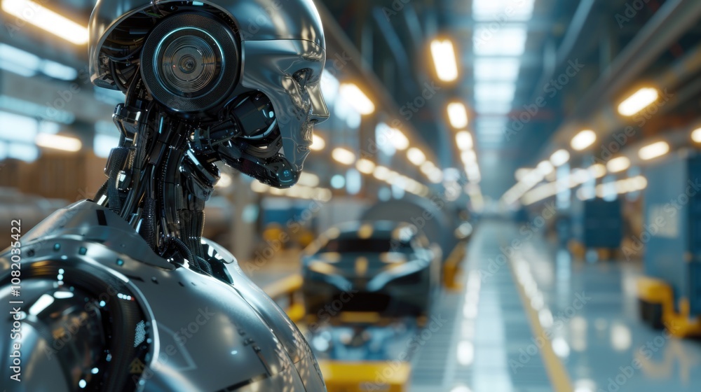 Robot operating in a factory setting, wearing headphones for audio focus Robot operating in a factory setting, wearing headphones for audio focus