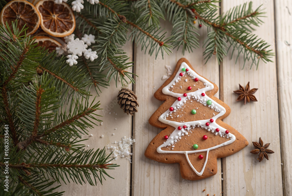 Gingerbread tree cookie with pine branches and spices Gingerbread tree cookie with pine branches and spices