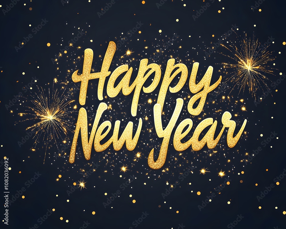 Celebrate the arrival of a new year with this vibrant image featuring golden text saying 'Happy New Year' along with festive fireworks and sparkling elements in a dark background. Celebrate the arrival of a new year with this vibrant image featuring golden text saying 'Happy New Year' along with festive fireworks and sparkling elements in a dark background.