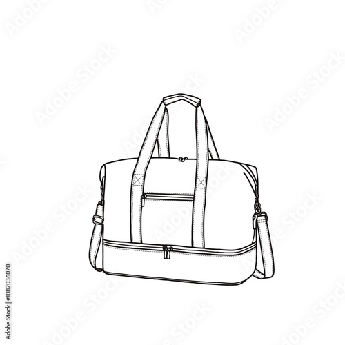 Travel duffle bag for women with shoe compartment, carry-on bag, hospital tote bag line art flat sketch illustration drawing template mock-up. Isolated on a white background.
