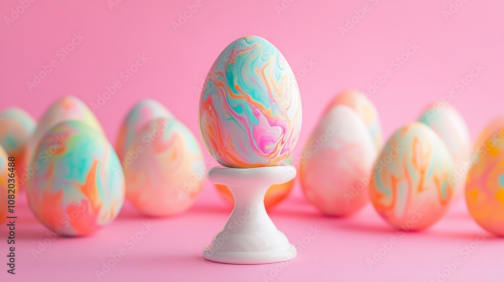 Colorful Easter eggs with one egg standing out on a pedestal against a pink background. Colorful Easter eggs with one egg standing out on a pedestal against a pink background.