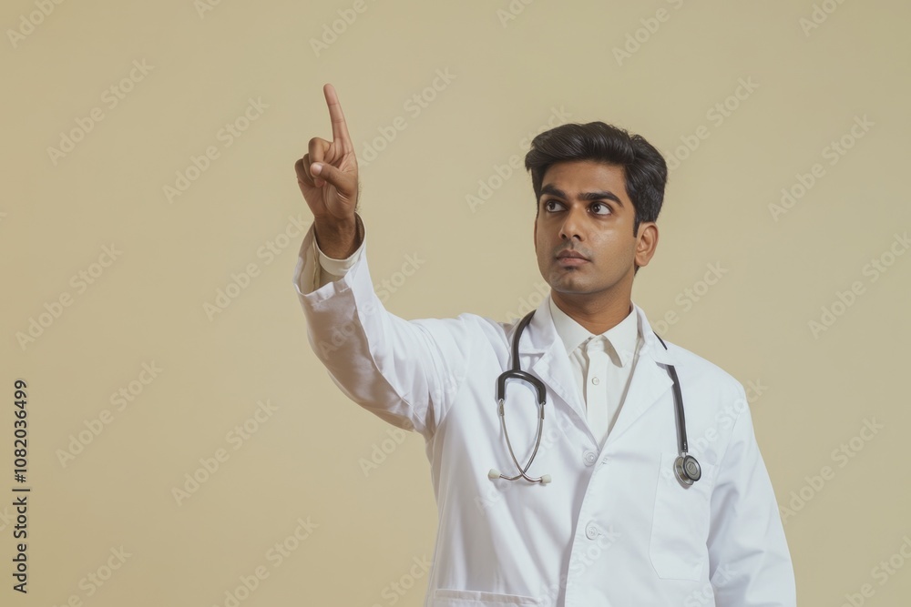 A man in a white lab coat points at something, likely a discovery or finding A man in a white lab coat points at something, likely a discovery or finding