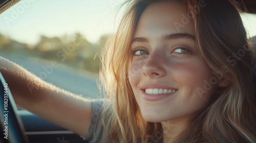 A young woman behind the wheel of a car, enjoying a sunny day